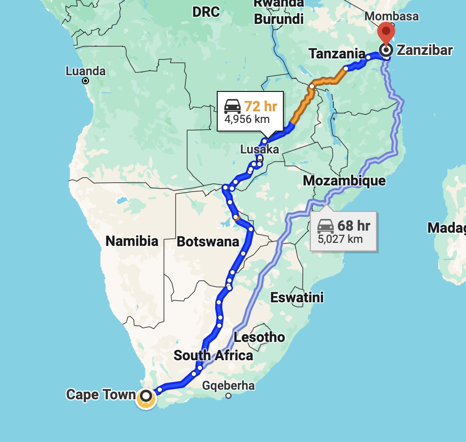 map of the journey between cape town and zanzibar